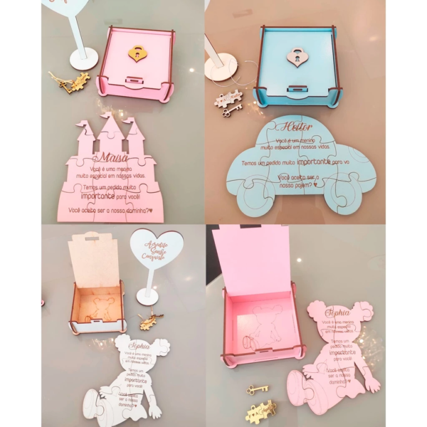 1 Caixa Convite Pajem Daminha Florista Quebra-cabeça MDF casamento noivos pajens