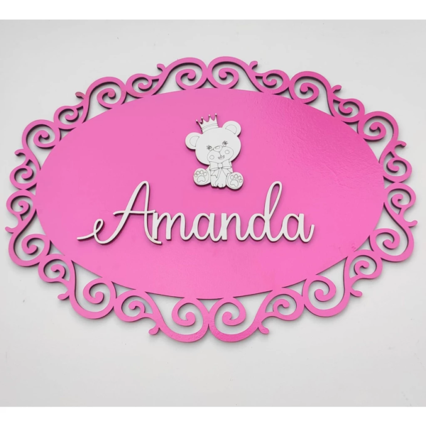 Placa Arabesco Oval 35x26 cm Enfeite de porta ou parede com Nome + Aplique Mdf Decoração Maternidade Aniversários - Image 2